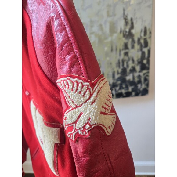 Vintage Men's Sz Large Red Varsity Letterman Leather Sleeves Bomber Jacket Coat - Picture 4 of 16